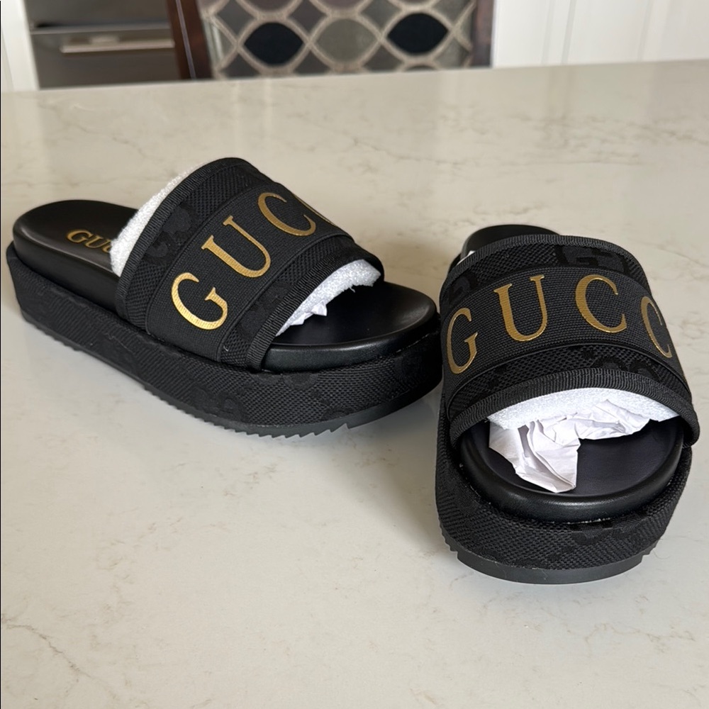 Women's GG Black and Gold Slide Sandals
